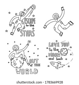 Space coloring page. Space travel illustration. Doodle space illustration. A set of illustrations on the space theme. Cartoon background. Vector illustration.