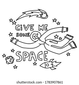 Space coloring page. Space travel illustration. Space illustration for banner, poster, greeting card, party invitation. Vector image, clipart, editable details. 