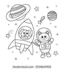 Space coloring pages for kids. Cute animals in space, outline. Dog and cat in spacesuit, galaxy bundle, rocket. Animals among planets, stars and meteorites. Activity for preschool. Isolated vector.