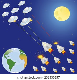 Space combat, planets and stars. Seamless background . Cartoon space icons. Elements for scrap-booking. Hand drawn vector illustration.