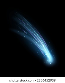 Space comet with blue glowing trail. Falling meteor