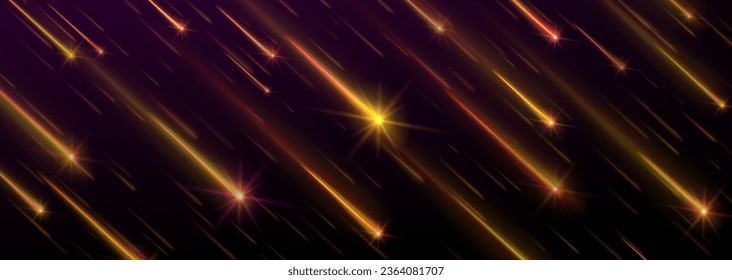 Lluvia de cometas espaciales con rastros de estrellas de caída dorada. Fondo vectorial realista con disparo de meteoritos espaciales brillantes con bengala y senda de resplandor. Ducha de metal con efecto espumoso de neón y luz.