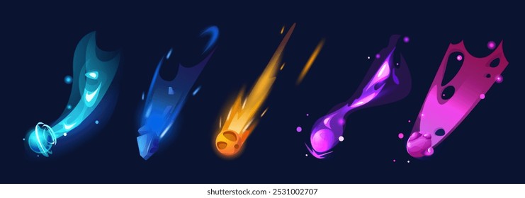 Space comets set isolated on black background. Vector cartoon illustration of neon color asteroid rocks flying in sky with blue ice, orange fire, purple trails, meteorite rain, alien galaxy elements