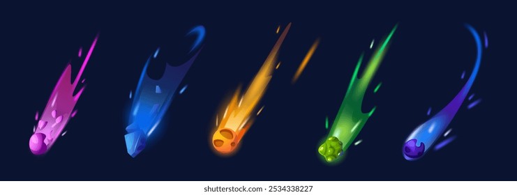 Kometen im Weltraum einzeln auf schwarzem Hintergrund. Vektorgrafik, in der neonfarbene Asteroidenfelsen mit blauem Eis, orangefarbenem Feuer, violetten Spuren, Meteoritenregen, fremden Galaxienelementen am Himmel fliegen