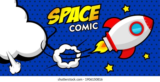 space comic pop art with cloud , star and starship flat design