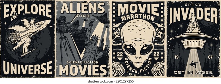 Los cómics espaciales ponen afiches vintage monocromos con extraterrestres de ciencia ficción y naves espaciales para resistir el ataque marciano a la ilustración vectorial de OVNI