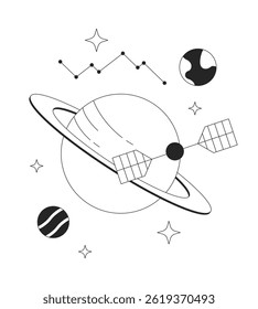 Ilustração da interface de usuário onboarding de comunicação espacial e linha de satélite de dados. órbita planetária. Planeta, constelação, estrelas. Cosmos astronomia esboça conceito 2D isolado. Arte vetorial de metáfora linear de tinta