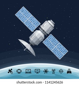 Space communication flat satellite orbiting the earth. Concept with GPS radar, solar panel and dish on a background.