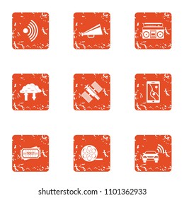 Space communication icons set. Grunge set of 9 space communication vector icons for web isolated on white background