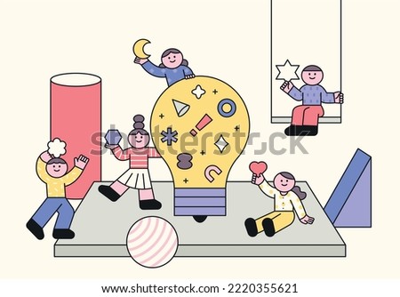 A space composed of cute children's characters and various shapes and a large light bulb. outline simple vector illustration.
