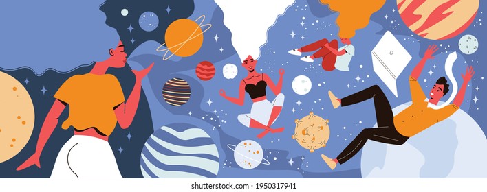 Space composition with conceptual view of people floating in space of their minds with planet images vector illustration