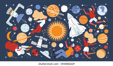 Space composition with isolated images of stars trajectories spacecrafts planets and stars with casual human characters vector illustration