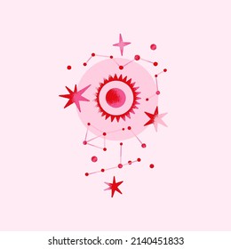 Space composition with planets and stars in pink, red colors. Vector illustration on theme of astrology, astronomy, esotericism. Cosmic art. Celestial bodies. Cover, card, print on clothes, poster