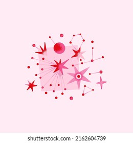 Space composition with planets and stars in pink, red colors. Vector illustration on theme of astrology, astronomy, esotericism. Cosmic art. Celestial bodies. Cover, card, print on clothes, poster