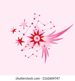 Space composition with planets and stars in pink, red colors. Vector illustration on theme of astrology, astronomy, esotericism. Cosmic art. Celestial bodies. Cover, card, print on clothes, poster