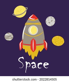 Space composition with rockets and planets, jupiter, Saturn, moon, sun, children's print, universe, cosmos, galaxy, vector illustration, printing on fabric and stationery