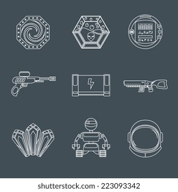 Space computer mobile phone game play elements outline icons set isolated vector illustration