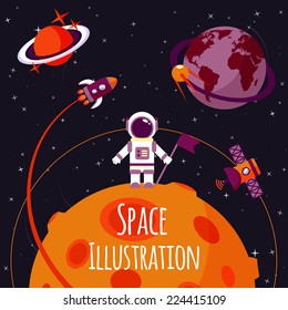 Space concept with astronaut on moon and rocket satellites on orbit flat vector illustration