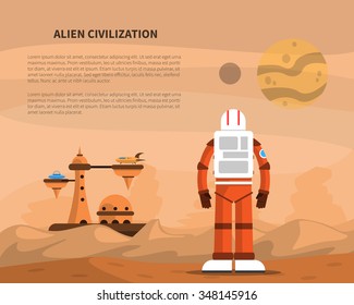 Space concept with astronaut on star surface and alien civilization buildings vector illustration