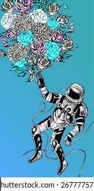 Space concept with astronaut, Quote Background and flowers, typography. Cosmic poster