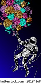 Space concept with astronaut, Quote Background and flowers, typography. Cosmic poster