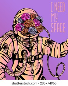 Space concept with astronaut, Quote Background and flowers, typography. Cosmic poster