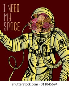 Space concept with astronaut, Quote Background and flowers, typography. Cosmic poster