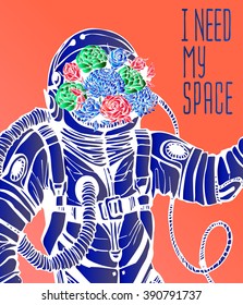 Space concept with astronaut, Quote Background and flowers, typography. Cosmic poster