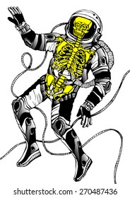 Space concept with astronaut and skeleton . Cosmic poster