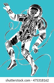 Space concept with astronaut and skeleton . Cosmic poster