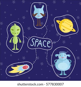 Space concept in cartoon style. Smiling planet Saturn, funny aliens, fiery comet or meteorite vector icons set isolated on blue starry background. Astronomic illustration for childrens book design