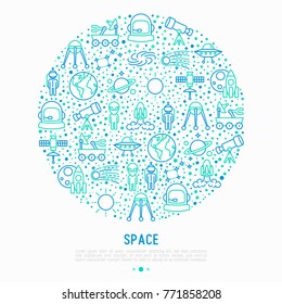 Space concept in circle with thin line icons: rocket, Earth, lunar rover, space station, telescope, alien, meteorite. Modern vector illustration for banner, print media, web page.