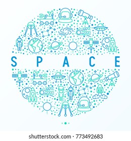 Space concept in circle with thin line icons: rocket, Earth, lunar rover, space station, telescope, alien, meteorite. Modern vector illustration for banner, print media, web page.