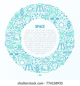 Space concept in circle with thin line icons: rocket, Earth, lunar rover, space station, telescope, alien, meteorite. Modern vector illustration for banner, print media, web page.
