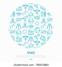 Space concept in circle with thin line icons: rocket, Earth, lunar rover, space station, telescope, alien, meteorite. Modern vector illustration for banner, print media, web page.