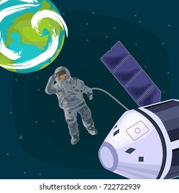 Space concept flat vector design with astronaut in spacesuit in the open space and satellite