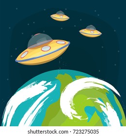 Space concept flat vector design illustration with Earth and UFO in the open space.