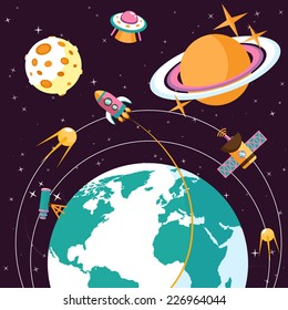 Space concept with globe and rocket satellites astronauts on orbit flat vector illustration
