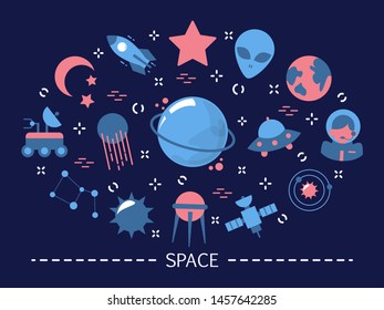 Space concept. Idea of astronomy and universe. Rocket and planet, UFO and spacecraft. Collection of colorful icons. Isolated flat vector illustration
