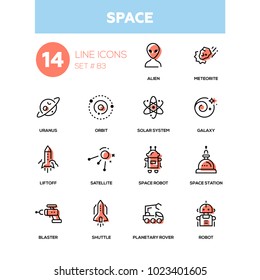 Space concept - line design icons set. High quality black pictograms. Alien, meteorite, uranus, orbit, solar system, galaxy, liftoff, satellite, robot, station, blaster, shutter, planetary rover