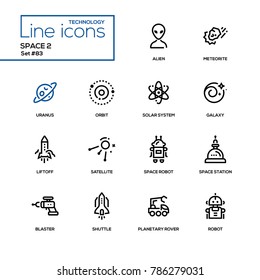 Conceito de espaço - conjunto de ícones de design de linha. Pictogramas pretos de alta qualidade. Extraterrestre, meteorito, urano, órbita, sistema solar, galáxia, decolagem, satélite, robô, estação, blaster, obturador, robô planetário