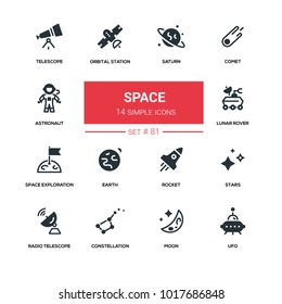 Space concept - line design silhouette icons set. Black pictograms. Saturn, comet, astronaut, telescope, orbital station, lunar rover, space exploration, earth, rocket, radio, constellation, moon 