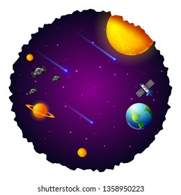 Space concept with planet and unviverse in dark sky background for children book graphics. Vector illustration