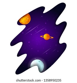 Space concept with planet and unviverse in dark sky background for children book graphics. Vector illustration