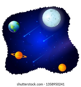 Space concept with planet and unviverse in dark sky background for children book graphics. Vector illustration