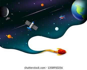 Space concept with planet and unviverse in dark sky background for children book graphics. Vector illustration