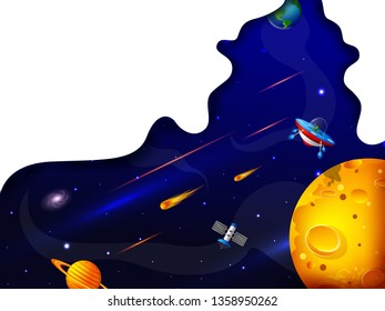 Space concept with planet and unviverse in dark sky background for children book graphics. Vector illustration