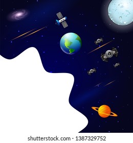 Space concept with planet and unviverse in dark sky background for children book graphics. Vector illustration