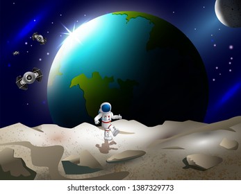Space concept with planet and unviverse in dark sky background for children book graphics. Vector illustration