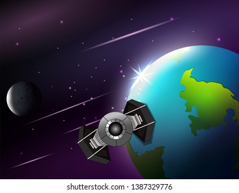 Space concept with planet and unviverse in dark sky background for children book graphics. Vector illustration